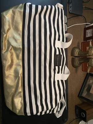Victoria's Secret Tote Bag Large Gold Faux Leather Black & White Stripe GR72 - Image 1 of 4