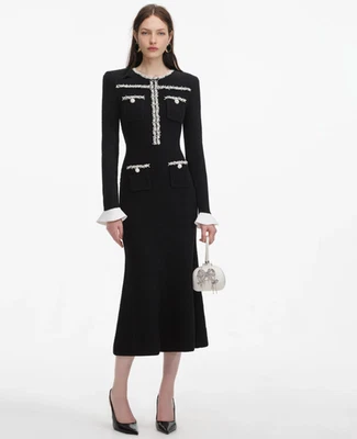 self-portrait - Black Pearl Trim Knit Midi Dress - Size M - MSRP $615 - NWT - Image 1 of 4