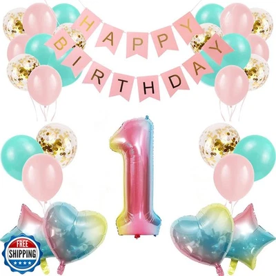 1st Birthday Decorations for Girls - Gradient Color Age 1 Balloons with Happy - Image 1 of 4