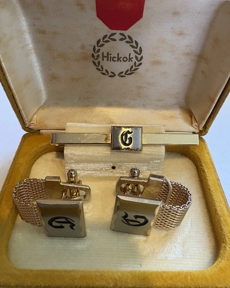 Vintage Hickock Monogram "G " Initial Cuff Links w/Tie Clip and case - Image 1 of 4