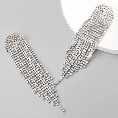 Chiaro strass ciondola orecchini forati extra lungo nappa argento tonico goccia - Immagine 1 di 4