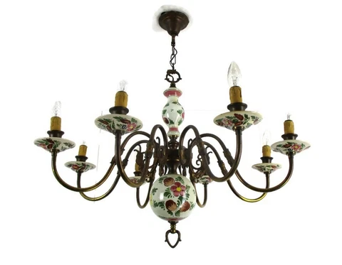 Vintage Delft Polychrome Porcelain Brass chandelier 8 lights Marked HTF Flowers Cover