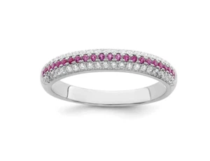 Lustrous Pink Ruby With Two Row White Moissanites In 10K White Gold Women's Band - Picture 1 of 5