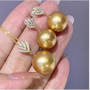 Gorgeous AAAA 10-11mm south sea Round Golden pearl Pendant Ring Earring set 925s - Picture 1 of 3