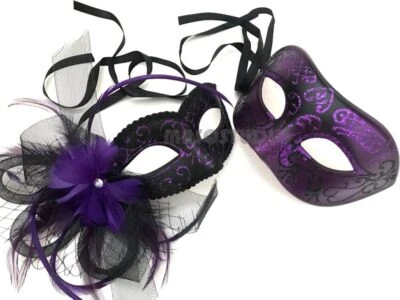 Couple Purple Masquerade Mask Pair Birthday Costume Carnival Mardi Gras Party - Image 1 of 4
