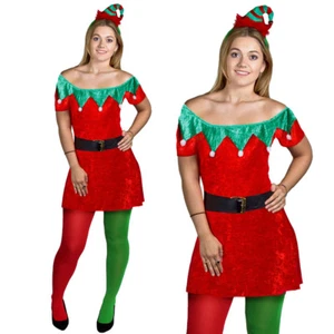 LADIES VELOUR ELF SKATER DRESS HAT TIGHTS CHRISTMAS FANCY DRESS SANTA'S HELPER - Picture 1 of 9