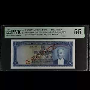 Turkiye Rare 1930 Turkey 5 Lira SPECIMEN P154s PMG 55 AUNC Turkish Banknote B999 - Picture 1 of 2