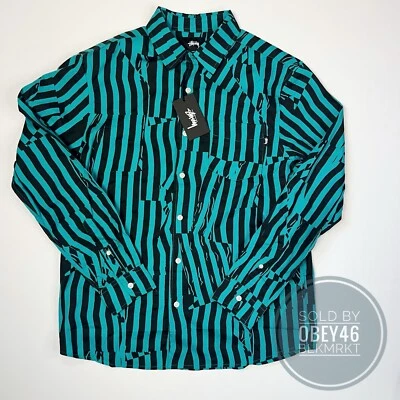 Stussy Off Stripe Button Up Long Sleeve Turquoise Black Shirt Men's Size M - Image 1 of 4