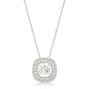 Silvertone Rhodium Plated Brass Pave Halo Cushion-cut CZ Adjustable 18" Necklace - Picture 1 of 1