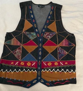 Chaleco Vintage Look Talla XL Patchwork Bordado Denim Abotonado Diseños Suroeste - Imagen 1 de 9