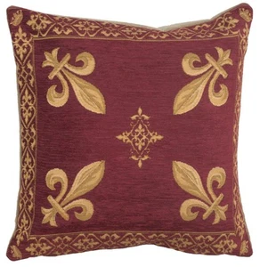 Fleur De Lys Red Gold Medieval European Cushion Cover Home Decor Pillow 18x18 in - Picture 1 of 13