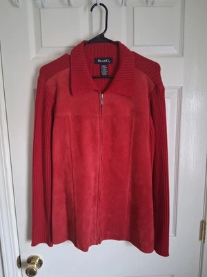 Denim&Co Red Genuine Leather Front Heavy Zip Up Sweater Size Medium - Image 1 of 4