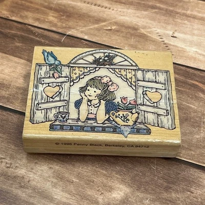 1996 ПЕННИ ЧЕРНЫЙ 579K ДУМАЯ О ВАС ДЕРЕВЯННЫЙ РЕЗИНОВЫЙ ШТАМП ЛЮБОВЬ СИНЯЯ СОЙКА - Изображение 1 из 4