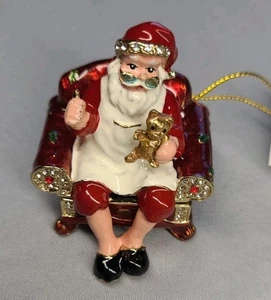 Christmas Santa Enameled Jeweled Trinket Box Hinged Old World Style w/Necklace - Picture 1 of 9