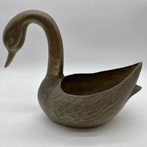 Vintage massiver Messing Schwan Übertopf 13" handgraviert Federn Indien Mid Century - Bild 1 von 9