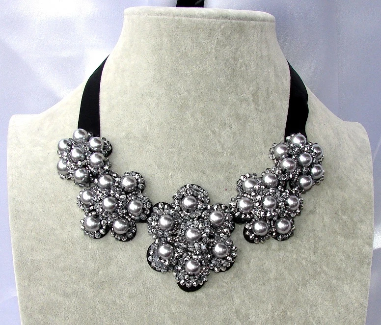 perle perline Collana con Nastro ribbon cristalli da donna col argento - Immagine 1 di 1