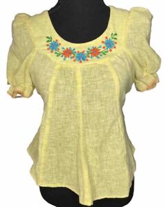 70s Paper Thin Cotton Bright Yellow Embroidered Peasant Top With Back Tie