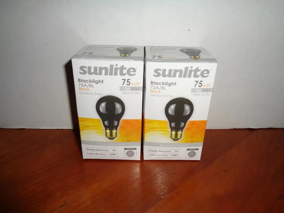 2 SUNLITE BLACK LIGHT BULBS A19 120V 75W STANDARD E26 MEDIUM BASE - Image 1 of 3