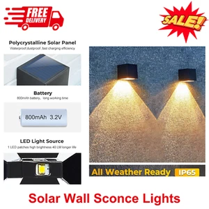 2 Pk Solar Wall Sconce Lights IP65 Waterproof Outdoor Fence & Patio, Auto On/Off - Picture 1 of 7
