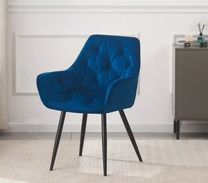 1x DEJINBU Blue Velvet Armchair Dining Chair Tufted Seat Black Metal Legs - Picture 1 of 10