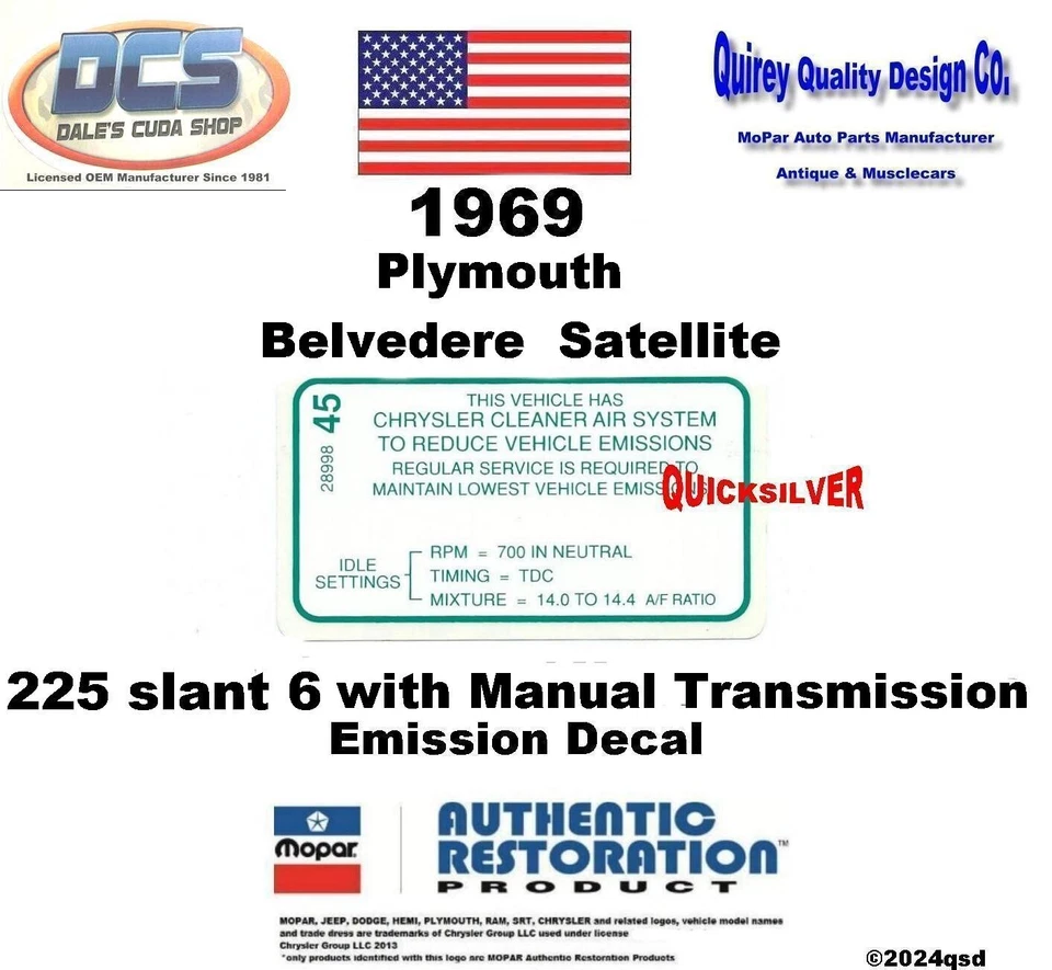 Belvedere Satellite 225 1969 inclinado 6 transmisión manual calcomanía de emisiones 2899845 MoPar Foto 1 de 2