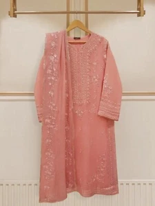 agha noor 3 Pc Cotton Net Embroidered Shirt With Raw Silk Pant And Dupatta - Picture 1 of 5