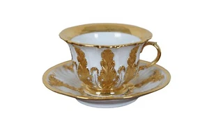 Antique Meissen Acanthus Leaf Mocha Teacup & Saucer 1st Choice White & Gold - Picture 1 of 12