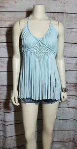 Light blue macrame dress accented with sliver rhinestone beads with back  ties - Picture 1 of 6