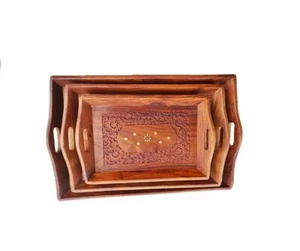 (Set Of 3) Engraved Wooden Large Trays Garden, Tea or Coffee Lounge Dining Area. - Picture 1 of 4