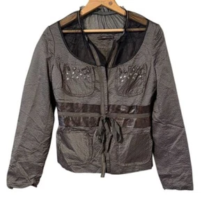 Hazel Women's Brown Crinkle Blouse Jacket S Tie Waist Lace Neck Studs - Picture 1 of 12