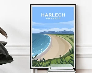 Harlech Beach Print, North Wales Travel Poster Coastal Illustration - Picture 1 of 5