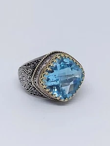 Sterlingsilber & 18 Karat Gold Kissen Schachbrett Blautopas Schnörkelring Größe 6 - Bild 1 von 12