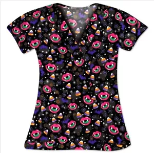 NWT Women's XL I Love Scrubs Halloween Sweet Tooth Print Scrub Top - Picture 1 of 1