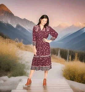 Knox Rose XL Blumen Kleid Midi Langarm Burgund Rot Orange Button Down - Bild 1 von 12