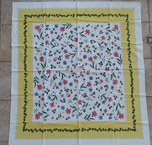Vintage Mid Century SIMTEX Tischdecke gelber Rand rosa blau Blumen 52x48 USA - Bild 1 von 7
