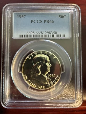 MEDIO DÓLAR FRANKLIN 1957 GRADUACIÓN PROFESIONAL PR66 PRUEBA SIN CIRCULAR Foto 1 de 2