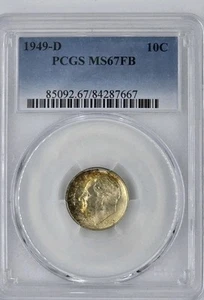 1949 D Roosevelt Dime  PCGS MS67FB !  IRRIDRSCENT TONING ! PQ ! - Picture 1 of 4