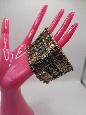 Vintage Bracelet Bangle Gold Tone Beaded Geometric Jewelry Costume - Image 1 of 4