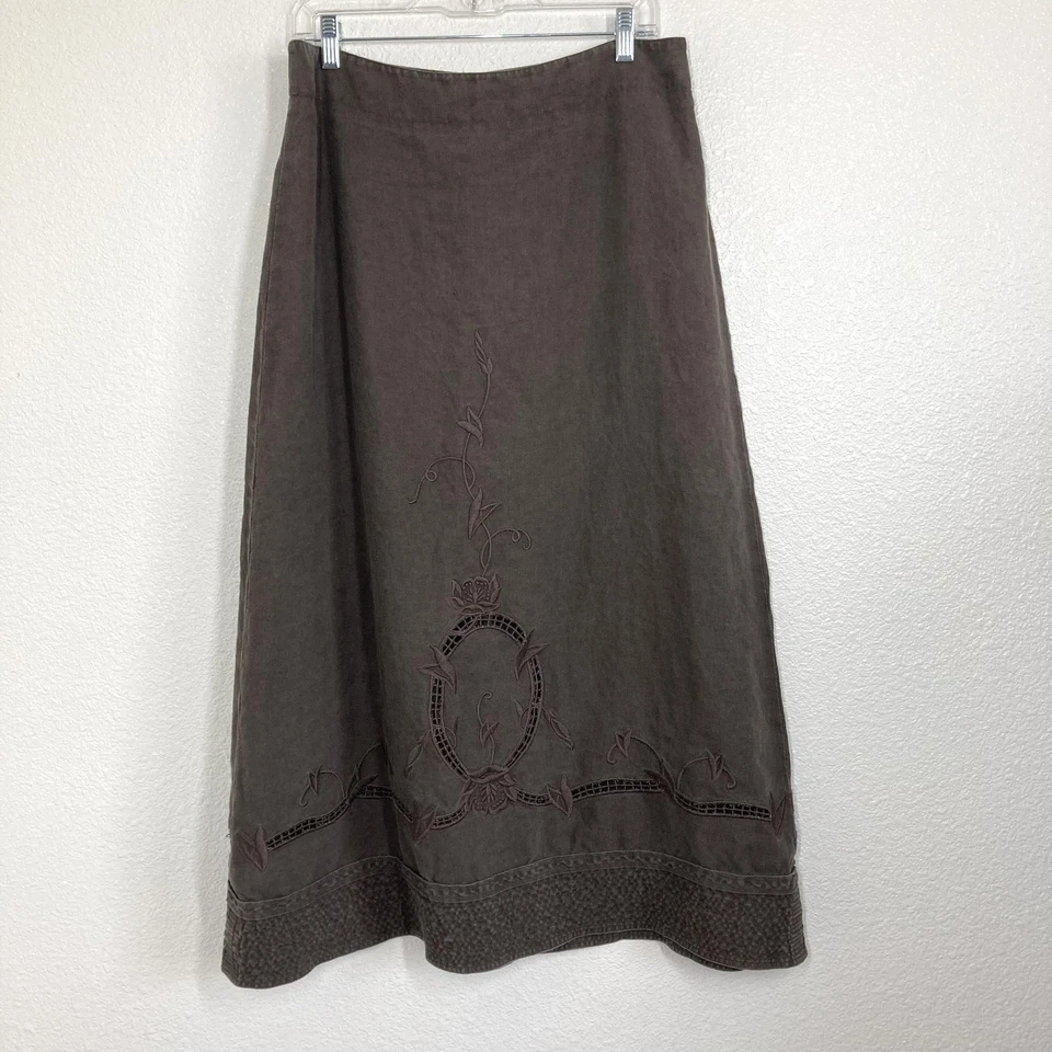 Falda Cabi Mujer 10 Marrón Lino Bordado Línea A Floral Boho Midi Estilo 463 Foto 1 de 4