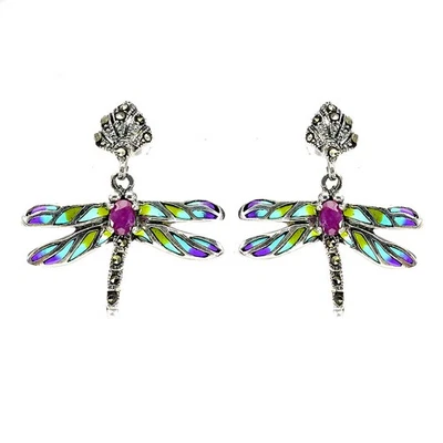 925 Sterling Silver Earrings Oval Emerald Natural Gemstone Enamel Dragonfly - Image 1 of 4