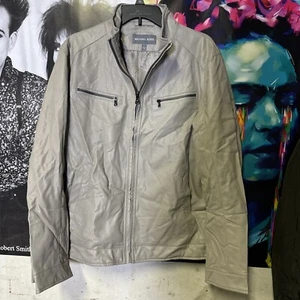 Michael Kors Mens Size XL Jacket Faux Leather Moto Jacket Grey Full Zip - Picture 1 of 8