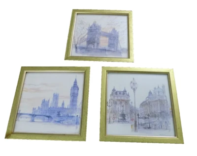 Lot Set 3 Vtg Lady Clare Mads Stage Signed London Scenes Watercolor Framed art - Image 1 of 4