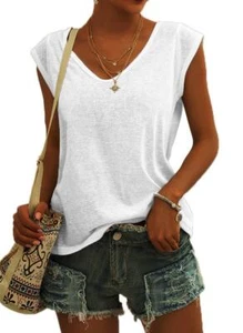 Womens Cap Sleeve V Neck T-Shirt Casual Loose Basic Tshirts Tops - Picture 1 of 7