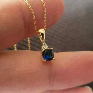 1Ct Lab Created Blue Sapphire Round Cut Women's Pendant 14K Yellow Gold Plated - Picture 1 of 5
