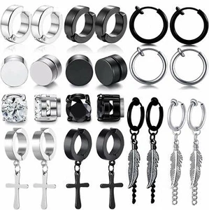 6 Pair Men Women Stainless Steel Cross Hoop Stud Earrings Non Piercing Fake Ear - Picture 1 of 12