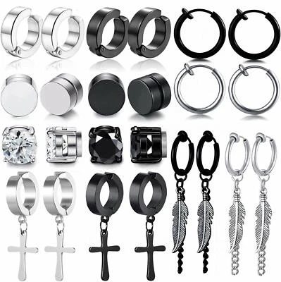 6 Pair Men Women Stainless Steel Cross Hoop Stud Earrings Non Piercing Fake Ear - Image 1 of 4
