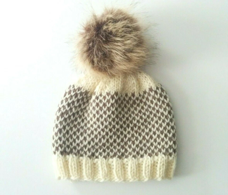 Hand Knit Warm Wool Fair Isle Ivory & Brown Winter Hat Size 3-12 Months Baby - Image 1 of 1