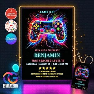 EDITABLE Video Game Party Invitation, Level Up Neon Invite, Gamer Boy invite - Picture 1 of 8