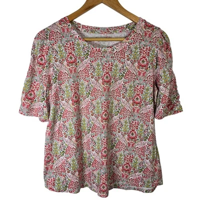 Talbots Floral Print Top Womens Size M Short Sleeve Ruched Cuff Crew Neck Cotton - Image 1 of 3
