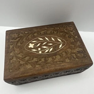 1970’s Floral Inlay Hand-carved Indian Wood Trinket Box 6x4x2.5” - Bild 1 von 11